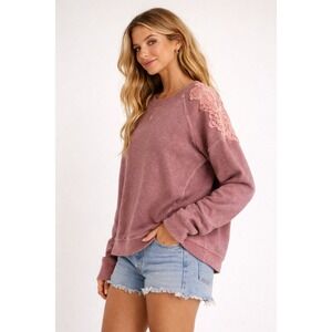 Free People Cropped Sweatshirt Lace Shoulders-Pink‎ Size M